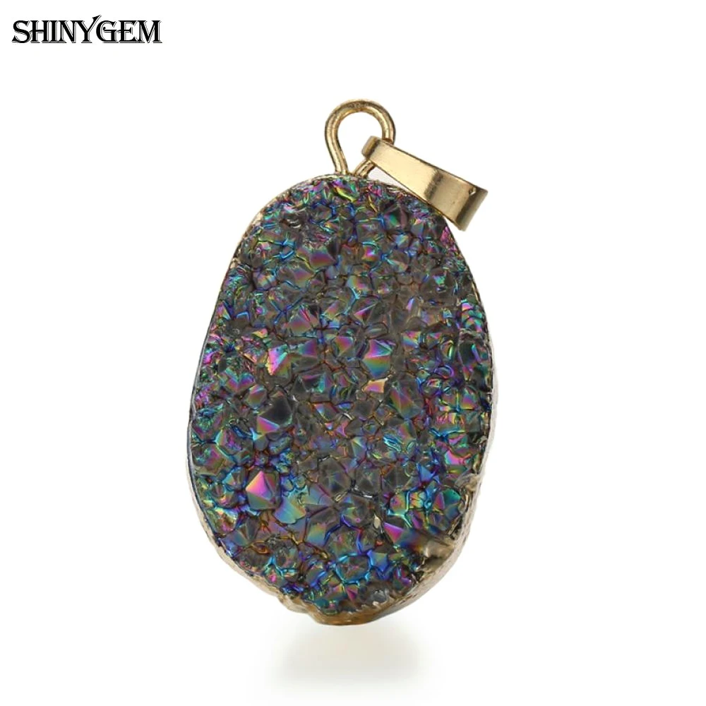 Fashion Rainbow 20-30mm Natural Gem Druzy Stone Pendant Charms Gold Plating Bezel For Necklace Jewelry Making Women Accessories
