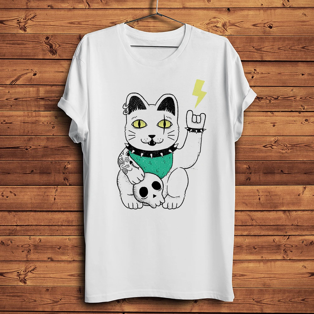 Maneki neko Metal lucky cat funny natural style t shirt Men White Short Sleeve Casual Tshirt Unisex punk Streetwear Tee