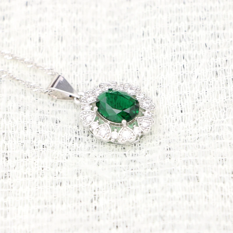 Flower Shape Silver 925 Pendant Necklace Green Cubic Zirconia Party Accessories for Women