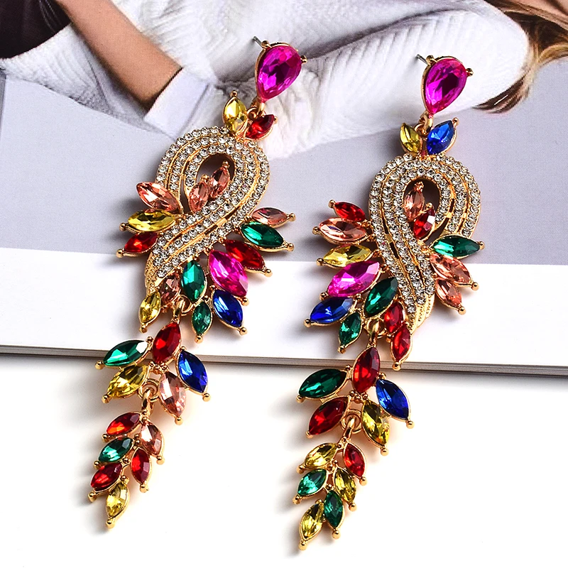 Vintage Crystal Long Drop Earrings Fashion Multicolored Hanging Bride Rhinestone Earring For Women Party Wedding Jewelry