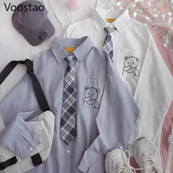 Preppy Style Couple Blouses Women Men Harajuku Bear Embroidery JK Shirts Necktie Loose Lolita Blouse Tops Blusas Mujer De Moda