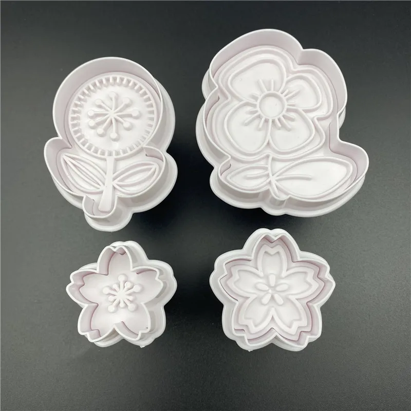 4Pcs/Set 3D Flower Pattern Plastic Biscuit Mold DIY Kitchen Cake Decorating Tools Cookie Cutter Stamp Fondant Embosser Die