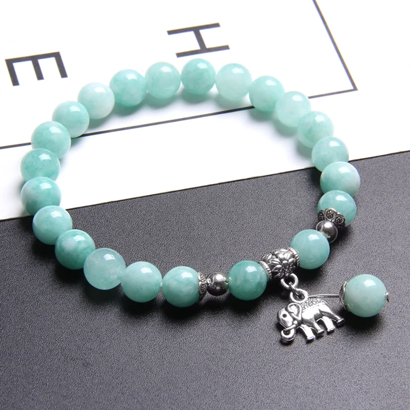 Fashion Natural Blue Chalcedony Beads Bracelet Cute Elephant Pendant Charm Bracelet Pulseira for Women Yoga Energy Jewelry Gifts