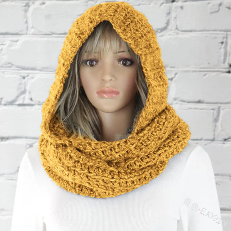 Solid Color Wool Hat Scarf Women Fashion Casual Knit Hooded Scarf Autumn Winter Warm Retro Scarf With Cap