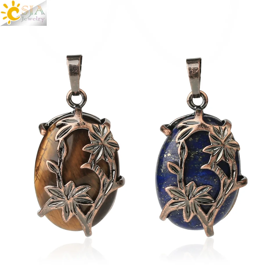 CSJA Vintage Egg Shaped Pendants Natural Crystal Stone Antique Copper Plated Flower Half Moon Pendant DIY Necklaces Jewelry G600