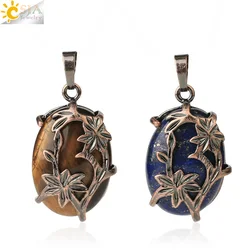 CSJA Vintage Egg Shaped Pendants Natural Crystal Stone Antique Copper Plated Flower Half Moon Pendant DIY Necklaces Jewelry G600