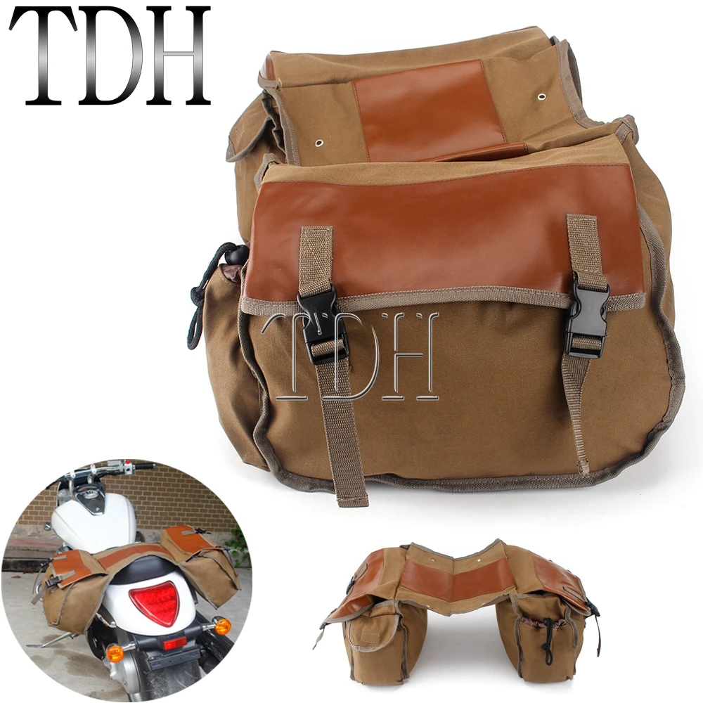 Retro Khaki Motorcycle Saddlebags Side Tool Bag Canvas Leather Luggage Saddle Bag Pouch Universal For Sports Touring Rider Bags