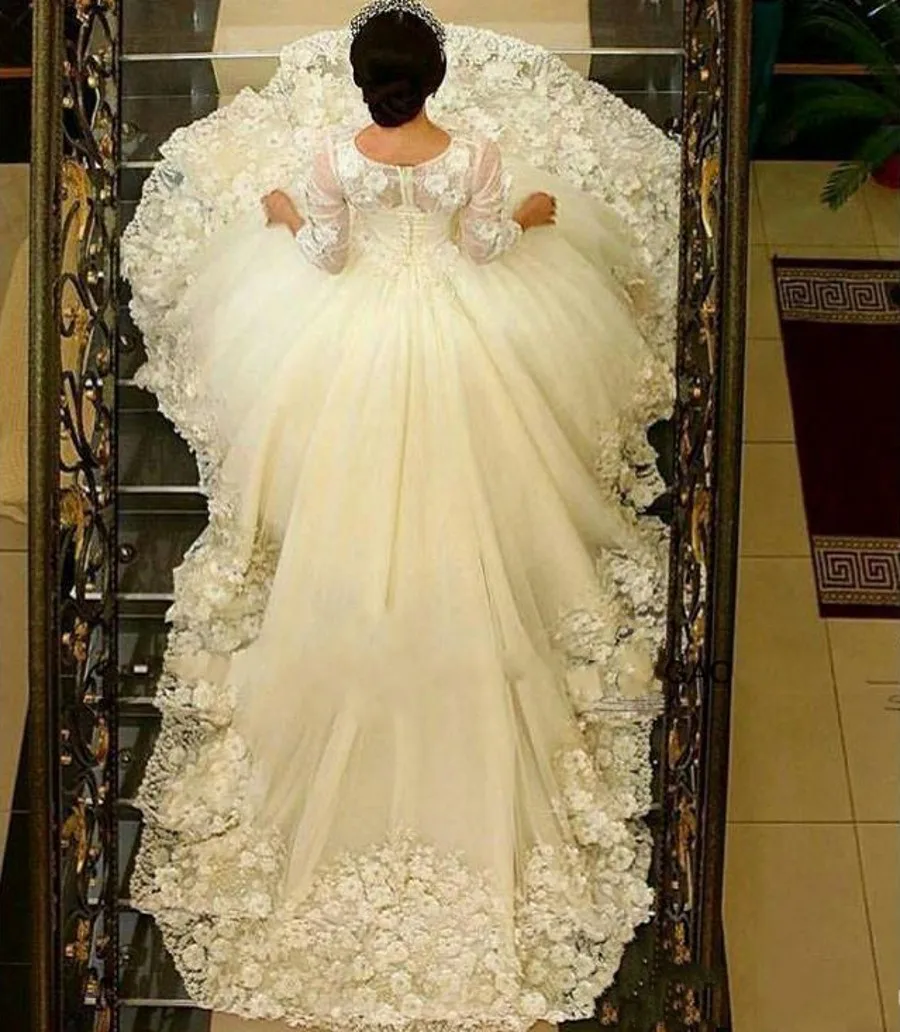 Neues Hochzeitskleid 1 m Zug 2025 Luxus Spitze Perlenapplikation 3D Blumen Ärmel Arabisches Brautkleid Robe De Mariage Maßgeschneidert