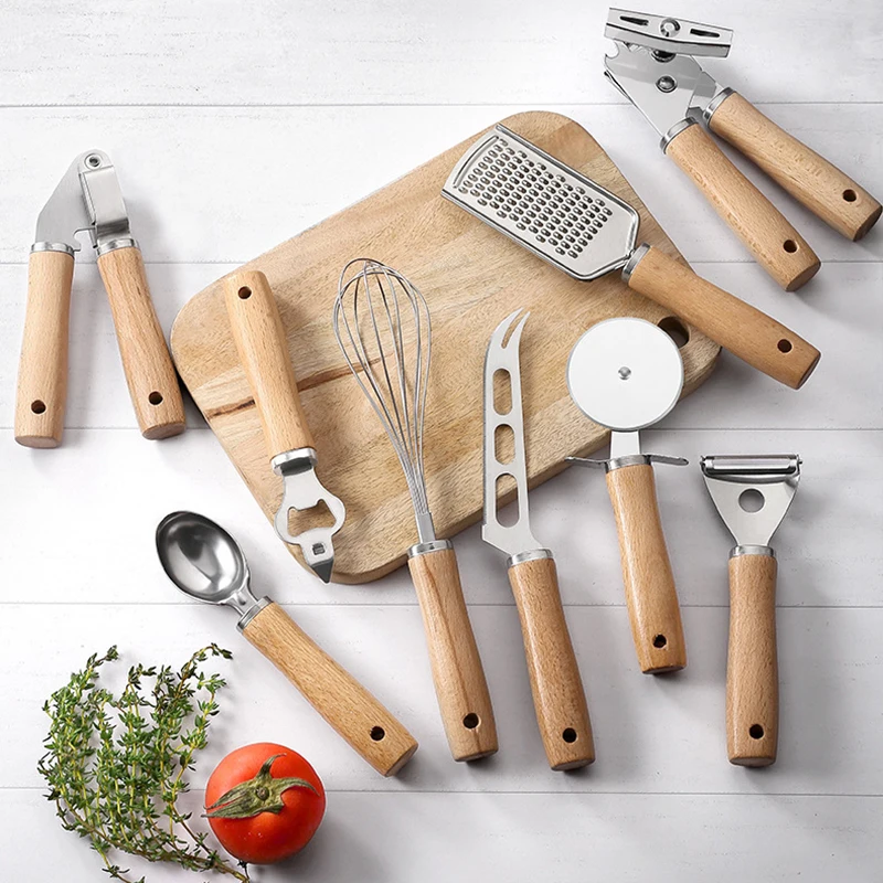 Kitchen Gadget Cooking Utensils Wooden Handle Toy Stainless Steel Baking Set Pizza Cutter Egg Beater Suit Cheese Knife Planer