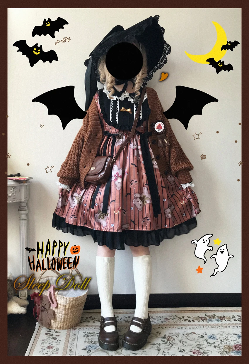 Vestido gótico de palacio para niña, vestido vintage de lolita, bruja de Halloween, estampado de cintura alta, Victoriano, kawaii, lolita gótica