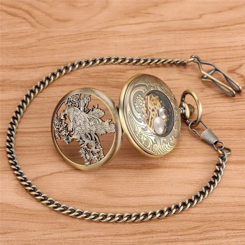 Antico orologio Phoenix scavato orologio da tasca meccanico a carica manuale per uomo donna numero romano scheletro catena Fob