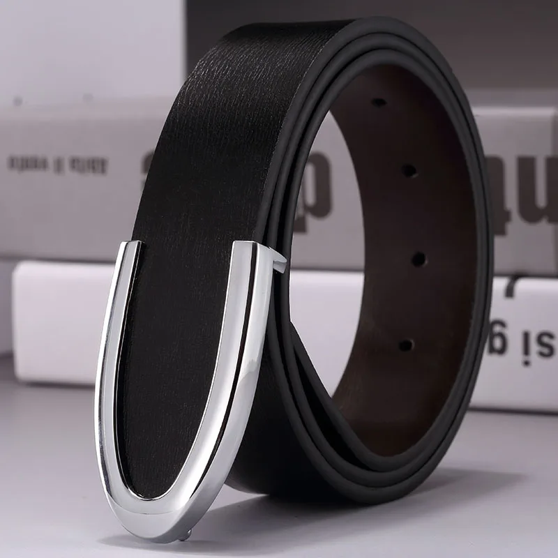 New Luxury Men's Genuine Leather Belts Fashion Designer Men Waistband High Quality Metal Smooth Buckle Jeans Waist Band 3.3cm