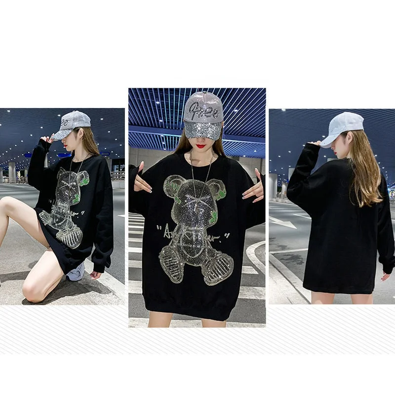 Plus Size 4XL Bear Beading Sweatshirt Women 2024 New Korean Pullover Harajuku Style Black Oversized Cartoon Top