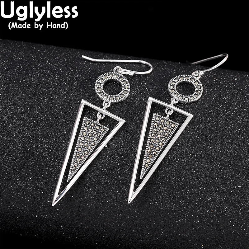 Uglyless Simple Geometric Jewelry for Women Thai Silver 925 Silver Exotic Triangle Brincos  Mysterious Marcasite Vintage Jewelry