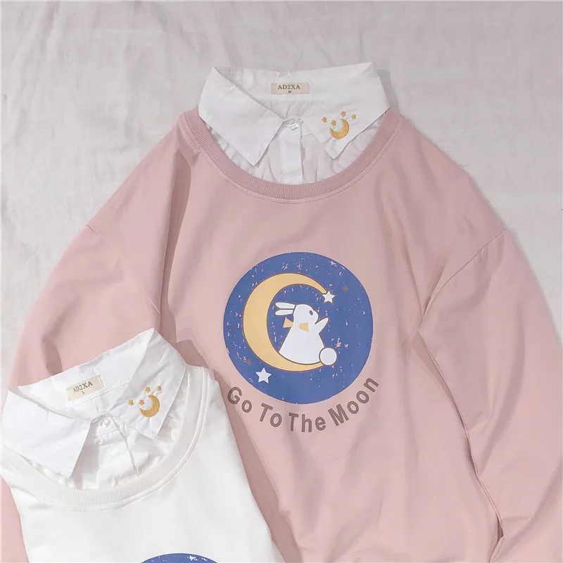 Spring Women Sweet Sweatshirt Fake Two Pieces Korean Cartoon Rabbit Letters Print Hoodies Girly Autumn New Pullover Lolita Tops