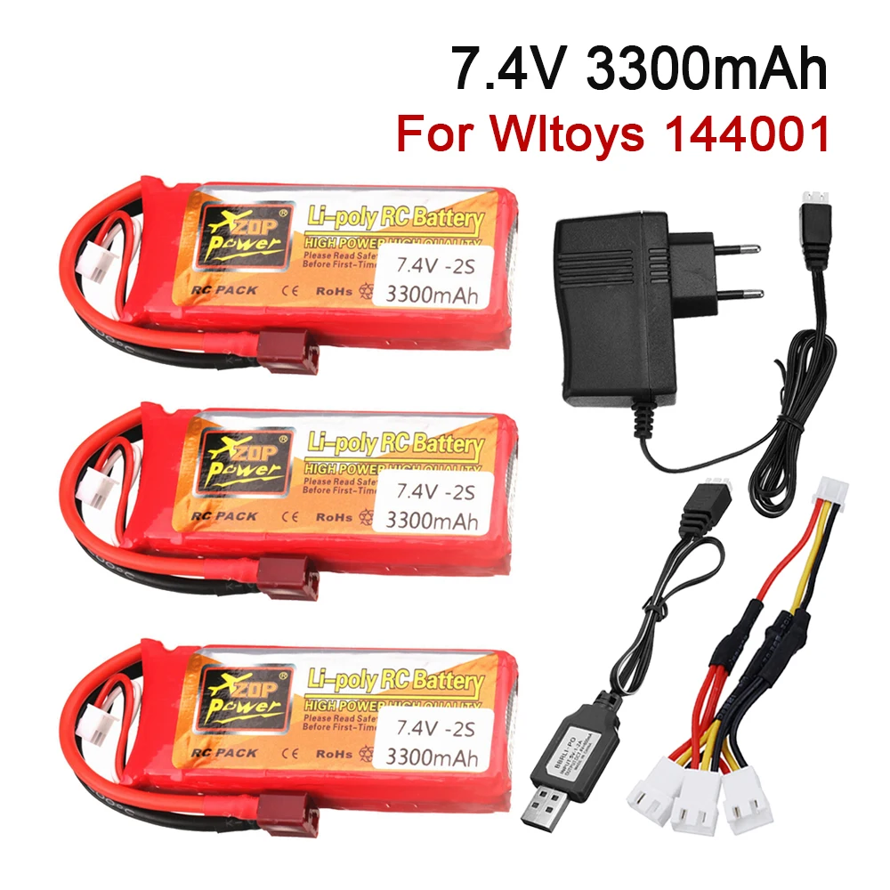 Wltoys 144001 자동차 레이싱카용 배터리 충전기 세트, 2S 7.4V, 7.4V, 3300mAh, Lipo 배터리, T 플러그, Wltoys 1/14 144001 RC 자동차