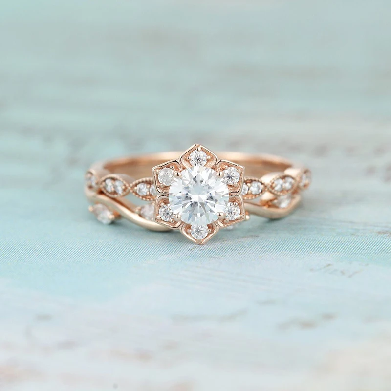 CxsJeremy Moissanite Engagement Ring set Unique Flower 14K 585 Rose Gold 0.5ct Round Vintage Eternity Marquise Wedding Band