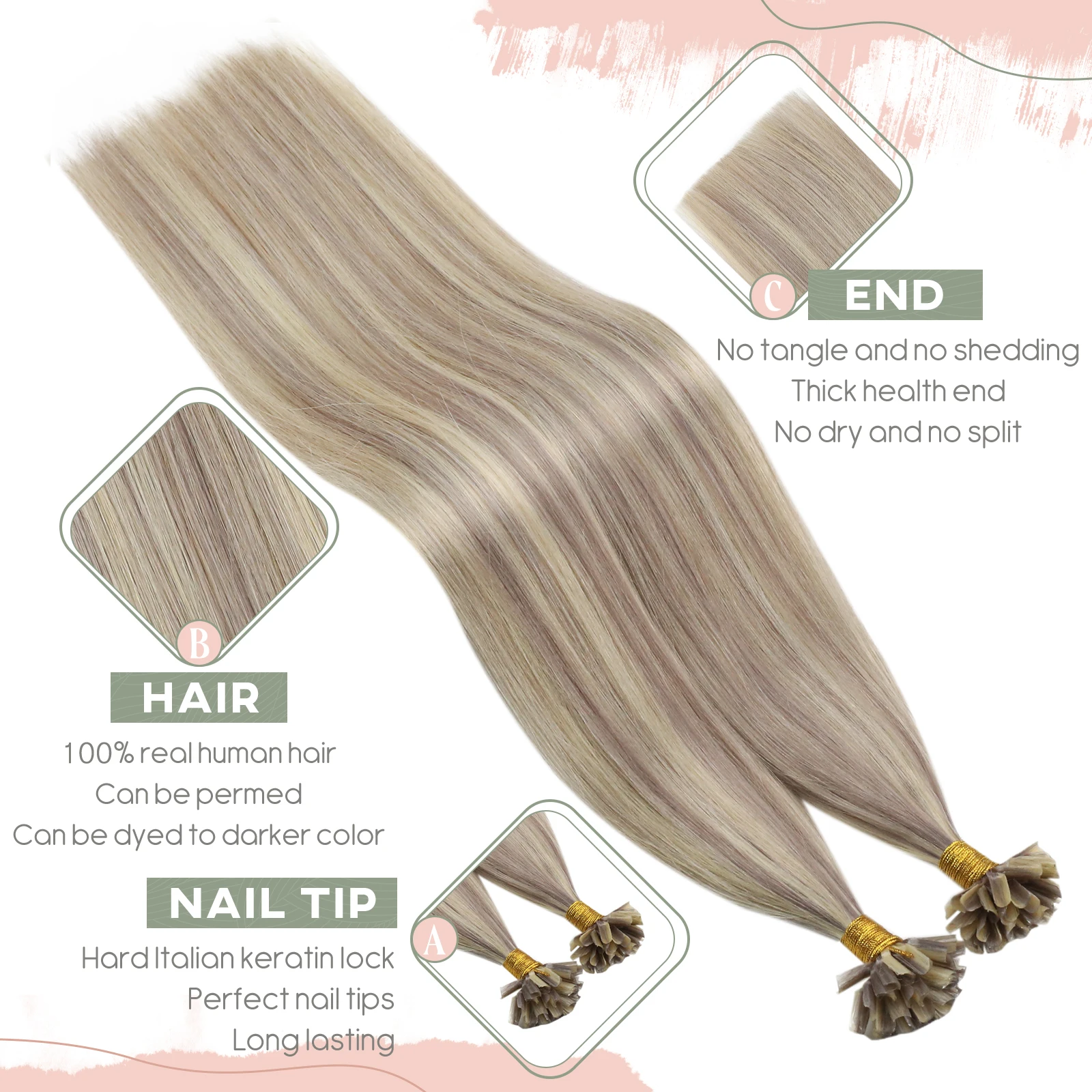 Ugeat U TIP Hair EXTENSION Human Hair 1 กรัม/วินาทีเล็บ U เคล็ดลับผมผู้หญิง 14-24 \