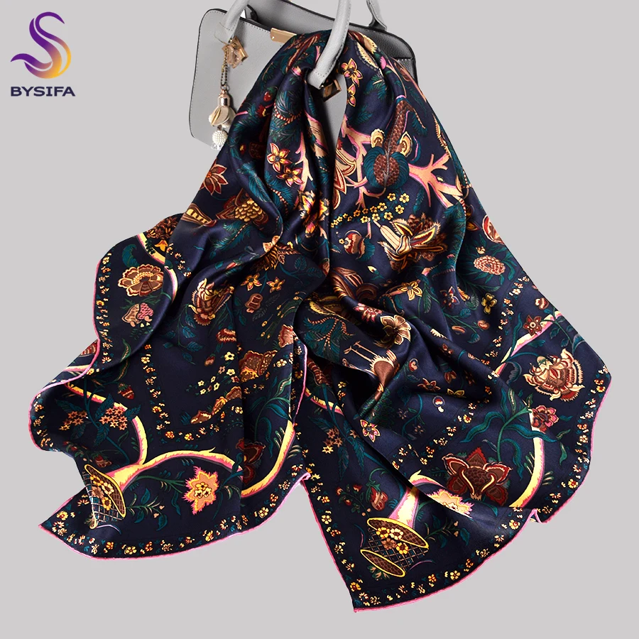 BYSIFA|Navy Blue Gold 100% Silk Scarf Hijab Ladies Rich Floral Design Printed Square Scarves 110*110cm Fall Winter Scarves Wraps