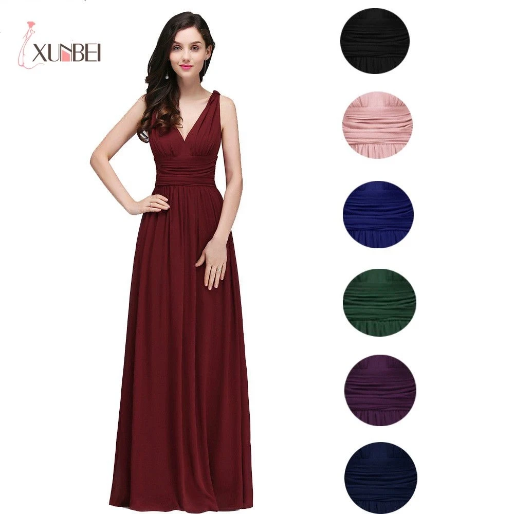 

Elegant Burgundy V Neck Long Evening Dresses 2022 Summer Sleeveless Chiffon Ruched Formal Wedding Party Dress Vestido De Festa