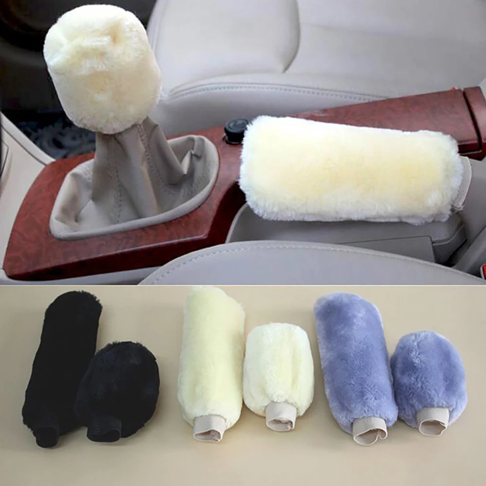 Fur cover on the handle of car gearbox, fur cover on the gear lever, fur cover on the handbrake (set of 2 fur cover)