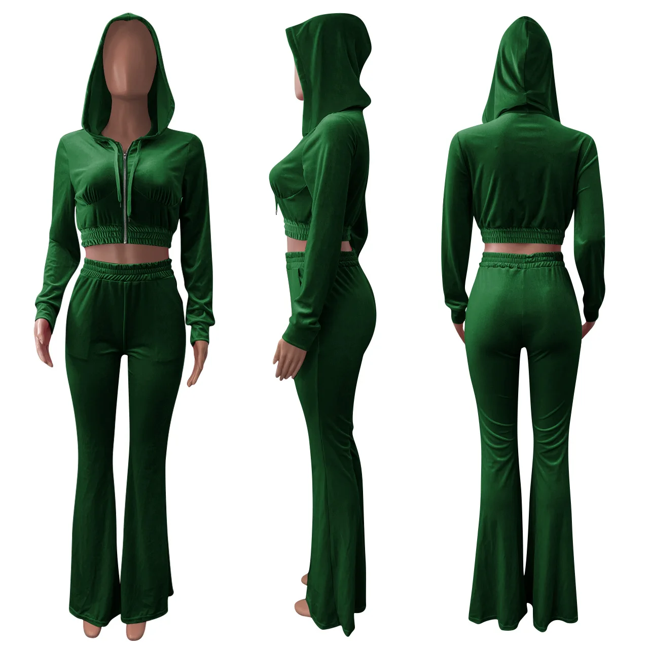 2021 Autumn Winter Women Outdoor Casual Sports Solid Velvet Two Piece Set Crop Top and Flare Pants Tracksuit Sweatsuit Outfits