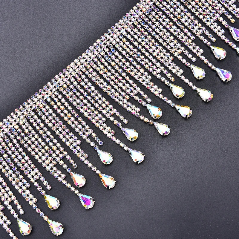 DIY Glass Teardrop Rhinestone Tassels Chain Crystal Gold AB Fringing Necklace Dancing Dress Shinning Trimming Strass 45cm