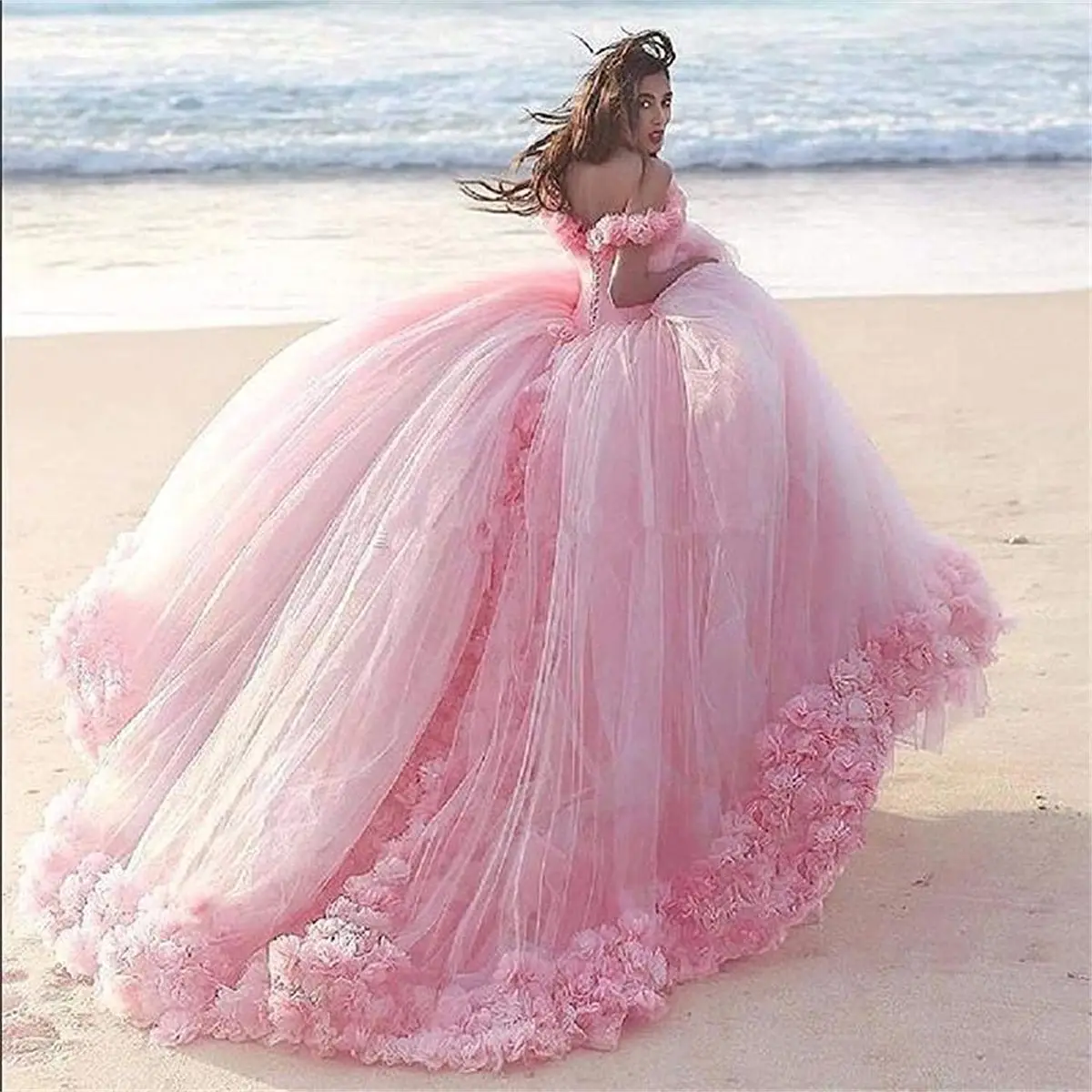 Vestido De quinceañera rosa con flores en 3D, corsé De princesa, tul brillante, 16 vestidos