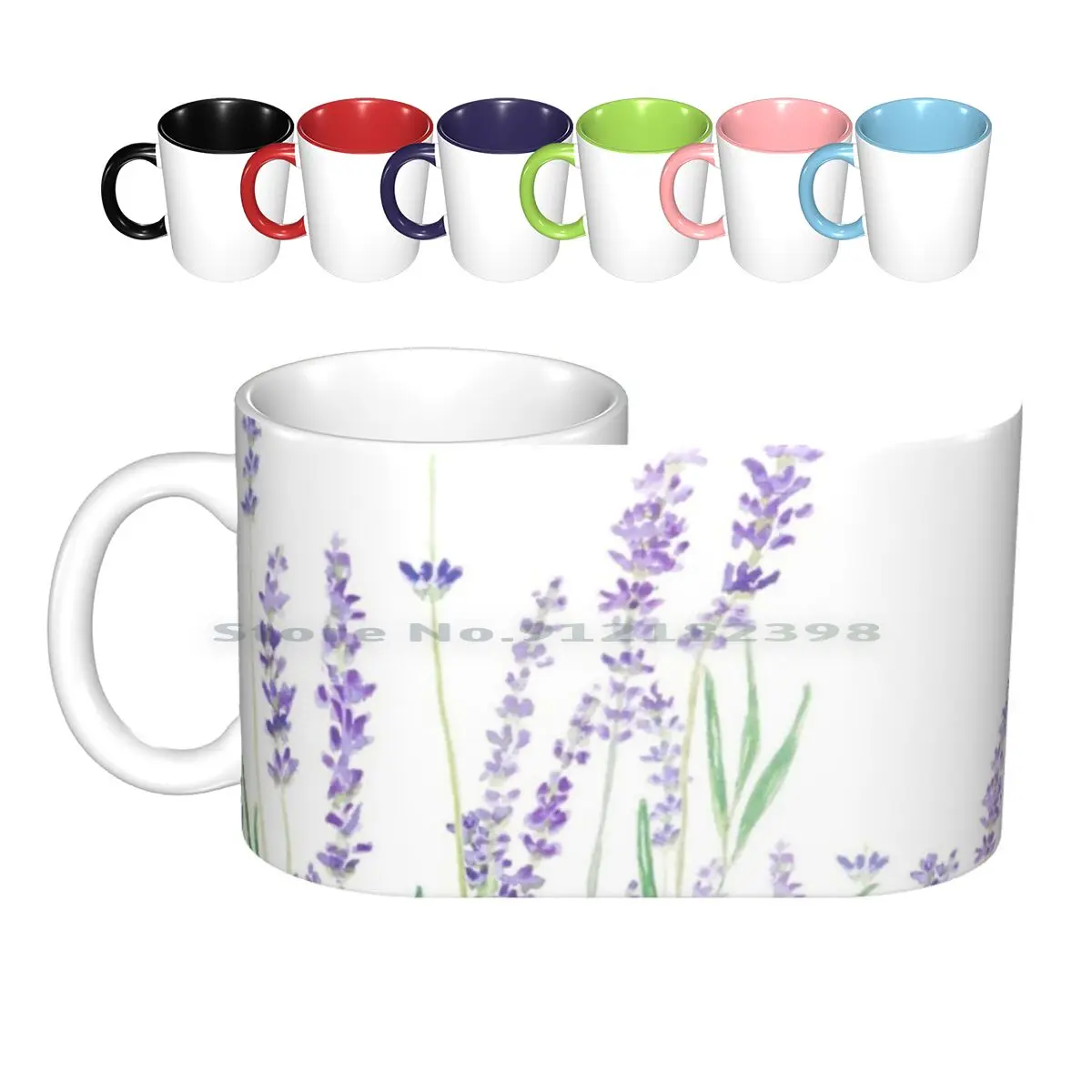 Tazas de cerámica de lavanda púrpura, tazas de café, leche, té, pintura de acuarela, flores coloridas, flor azul púrpura, flores románticas