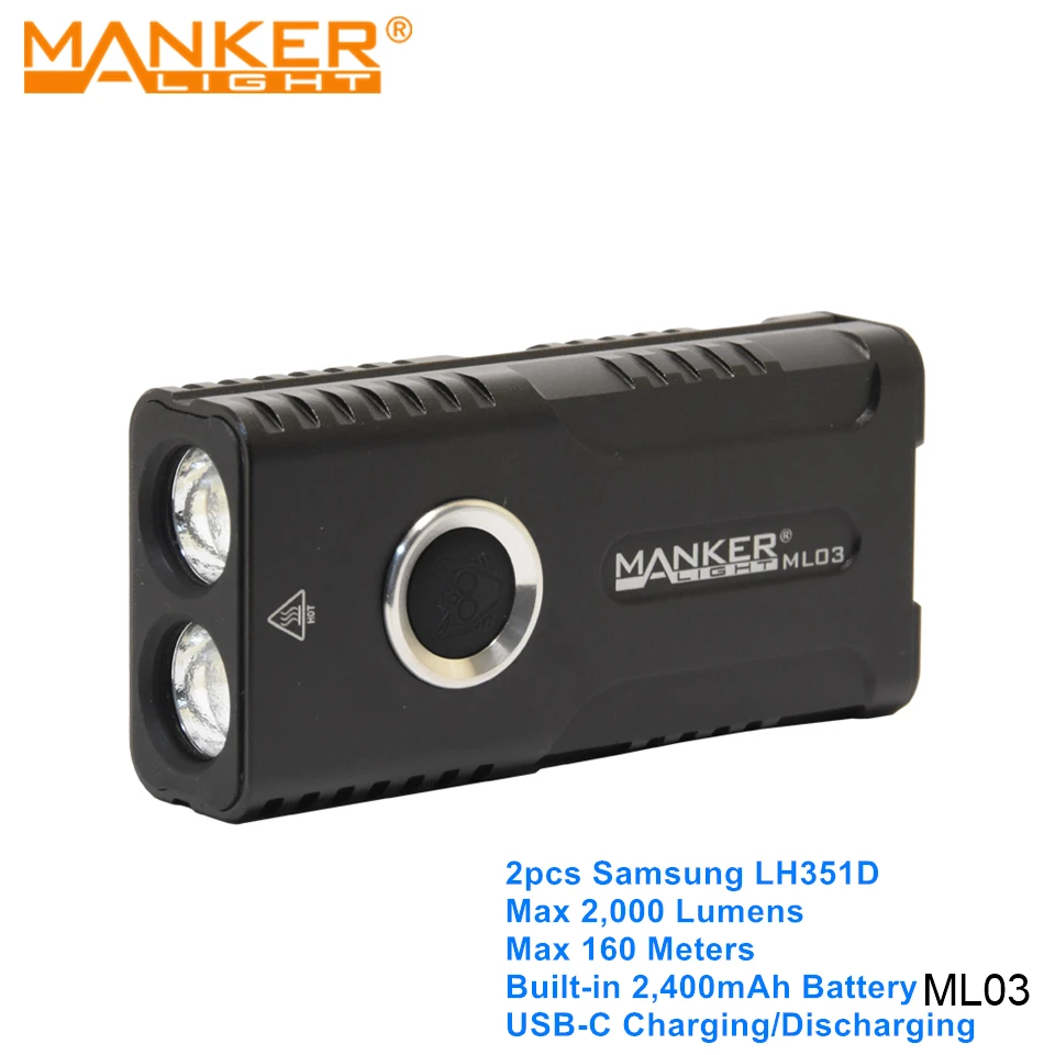 Type C Rechargeable Flashlights Manker ML03 Dual LED Torch Lights Built-in Battery Powered Lantern with USB Charging Discharging