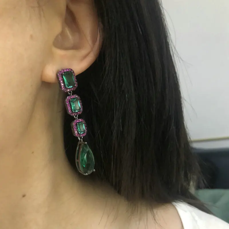 Bilincolor Fashion Long Evening Dark Green Cubic Zirconia Earring for Women