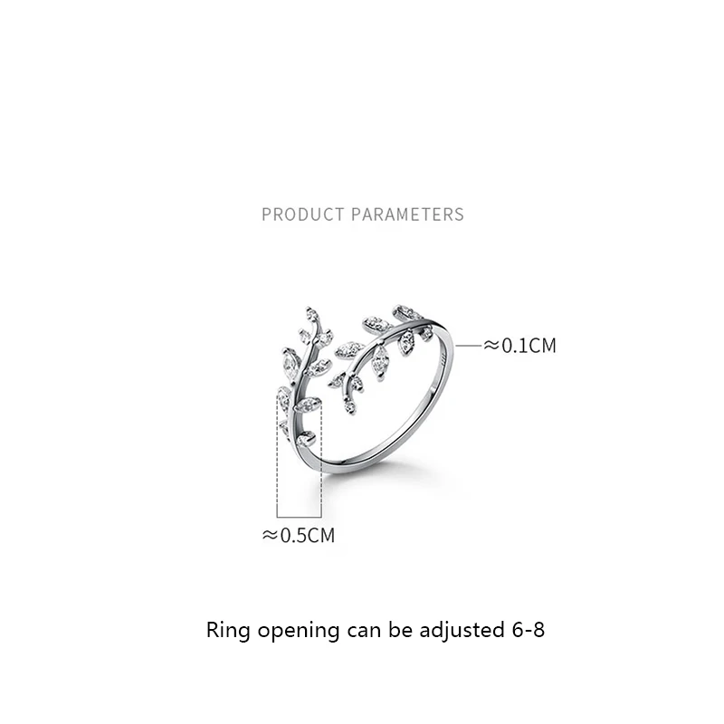 WANTME 925 Sterling Silver Sweet Romantic Zircon Open Branch Small Leaf Adjustable Ring for Women Korean Wedding Party Jewelry