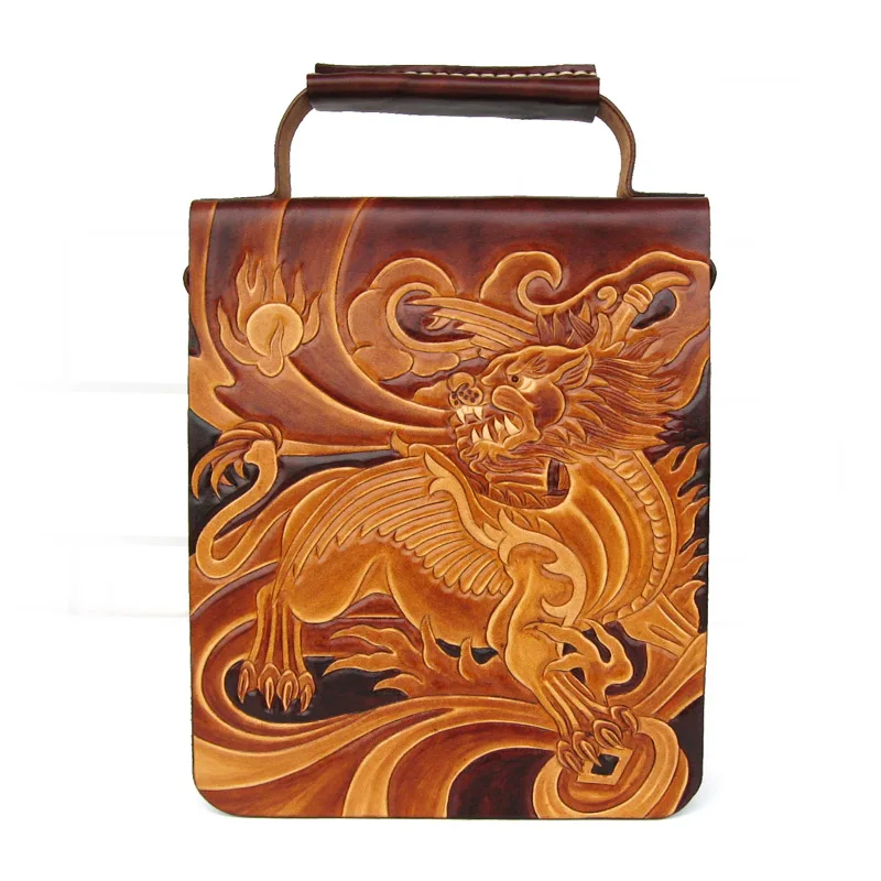 

Handmade Men Vegetable Tanned Leather Carvings Elephant God Bag Money Holder Purse Pocket Man Clutches