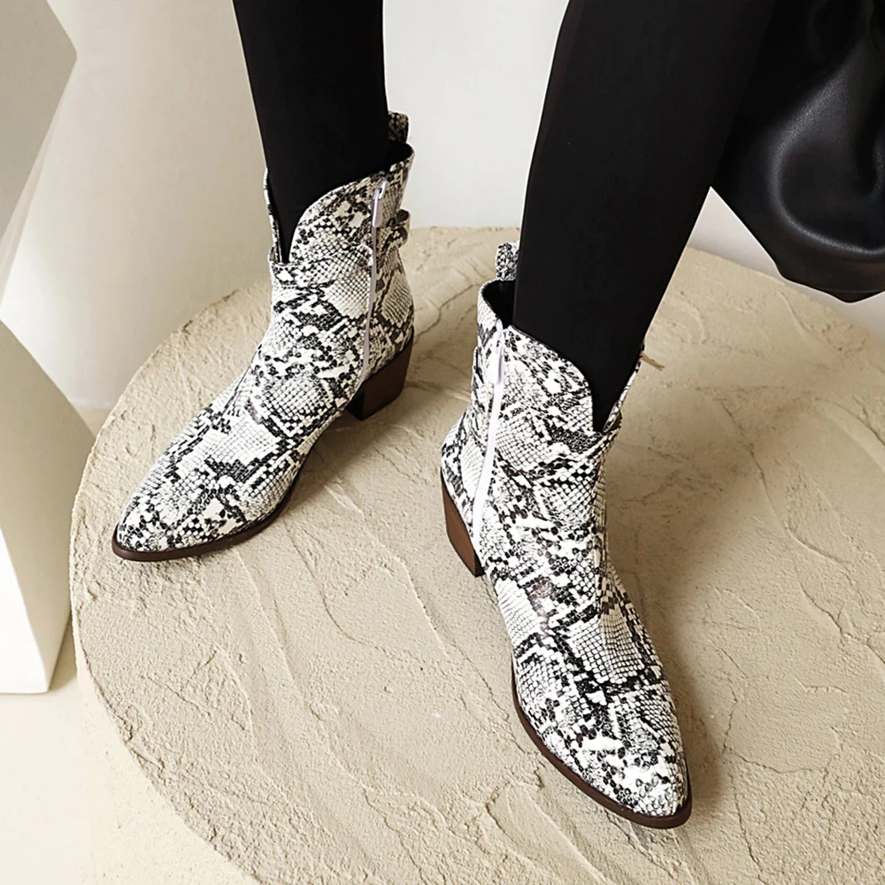 Motorcycle Boots Western Cowboy Boot Women Snake Print Short Cossacks Low Heels Cowgirl Booties Buckle Ankle Botas Autumn Shoes