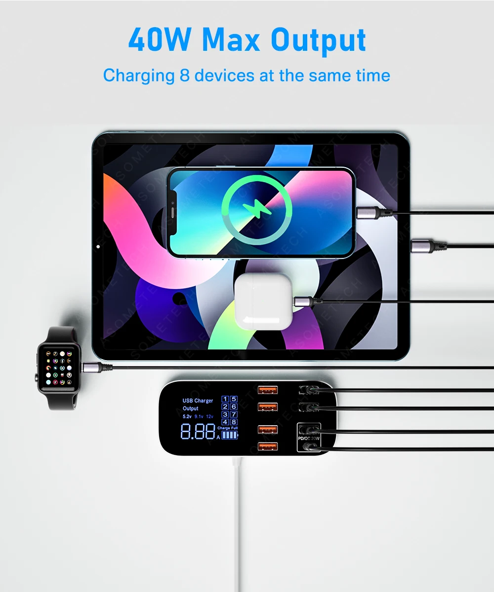 Digitalanzeige, Schnellladefunktion, USB-Ladegerät, Hub, Tablet- und Mobiltelefon-Ladegerät, Adapter, Schnellladegerät für iPhone, Xiaomi, Huawei, Samsung. – Detail 5