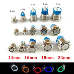 Metall Taste Schalter 12/16/19/22mm Auto Motor Power Schalter 3V 5v 12v 24v 220v LDE Licht Momentary Self-locking Wasserdicht Taste