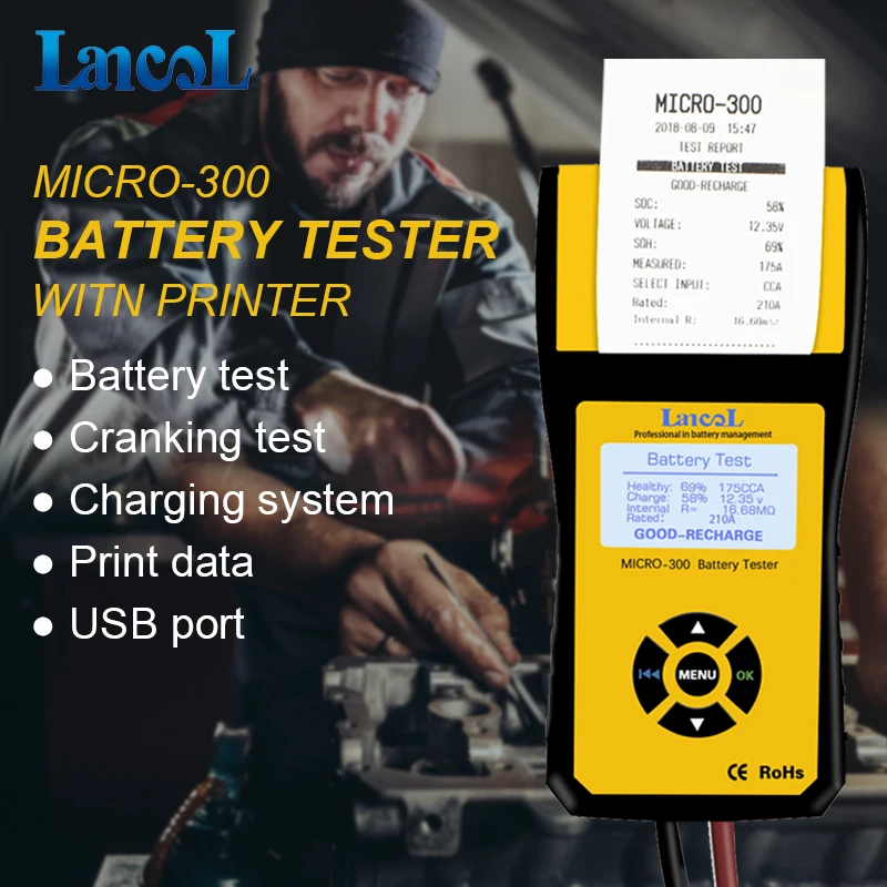 Lancol Micro-300 Battery Tester And Voltage Meter Tools 12V Battery Capacity Tester With Printer Automotive Alternator Printer