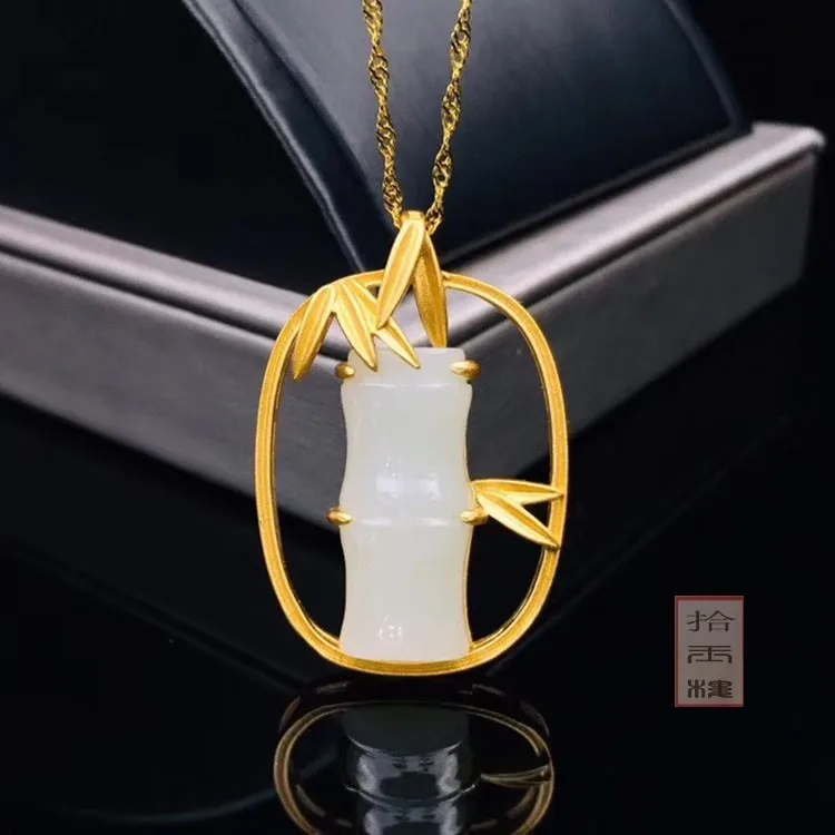 

Natural band new white jade pendant bamboo jade necklace with gufakin gold 925 sterling silver necklace women jade jewelry