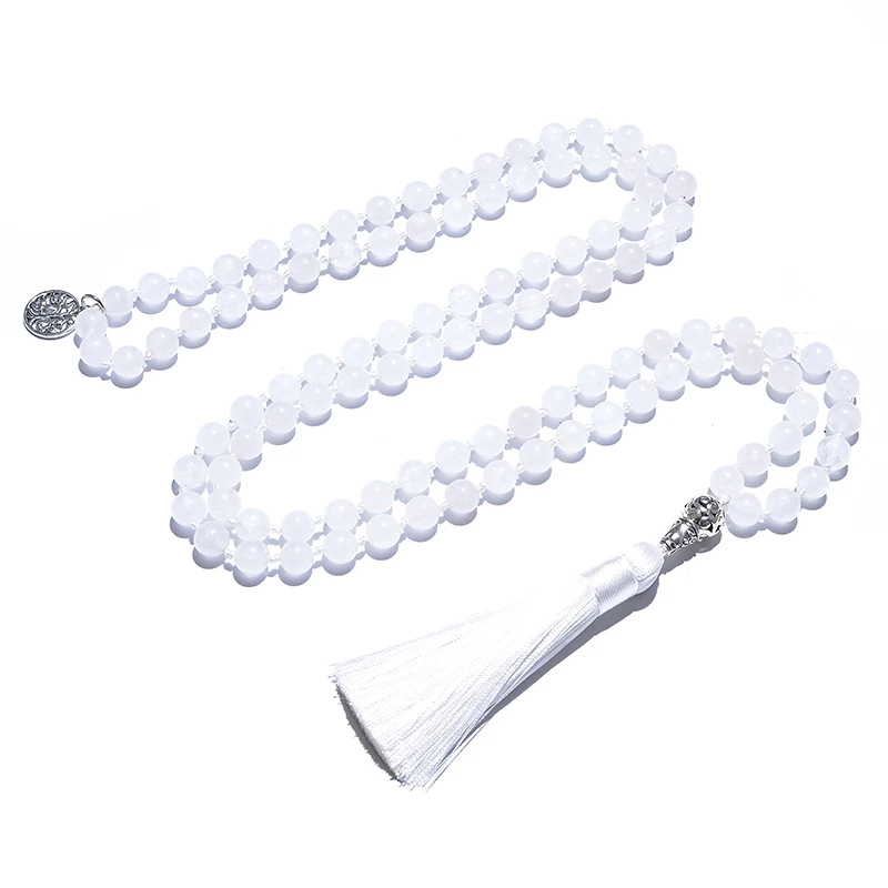 108 Mala Beaded 8mm White Jade Knotted Necklace Meditation Yoga Blessing Jewelry Women Fashion Charm Life Tree Tassel Rosary