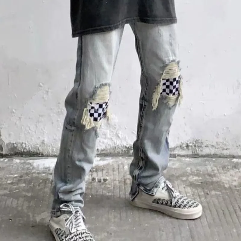 Patchwork Jeans Means Embroidery Skinny Locomotive Jeans High Street Washed Broken Hole Ripped Denim Hip Hop Jogger Pencil Pants