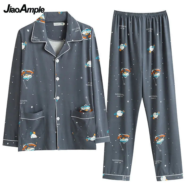 Men's Pajamas 2025 Autumn New Cotton Sleepwear Male Cartoon Long-sleeved Trousers Cardigan Casual Nightwear Pijamas Two-piece