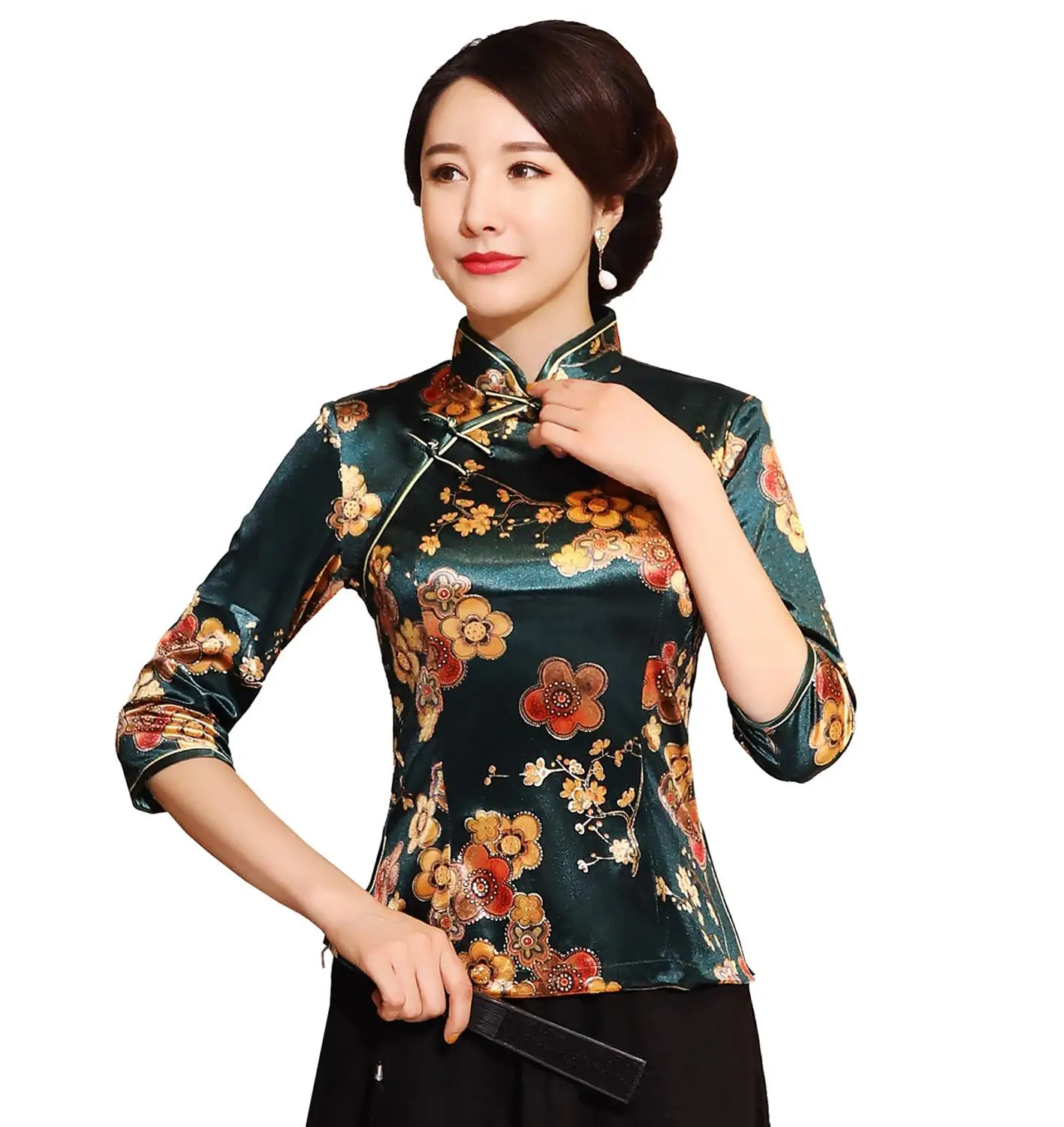 Shanghai Story Chinese Button Woman\'s Shirt chinese traditional top 3/4 Sleeve cheongsam top Velvet traditional Chinese blouse