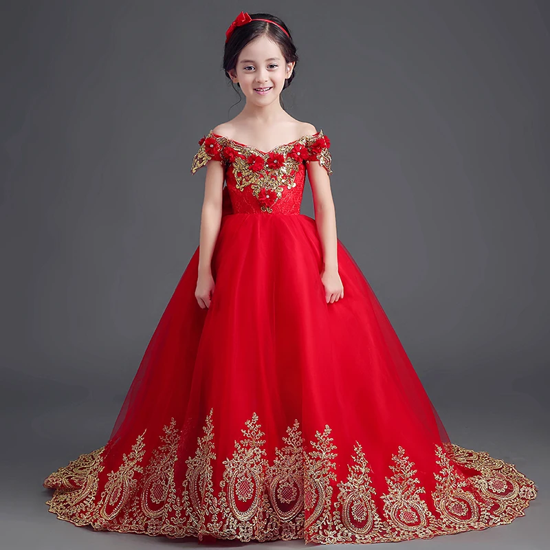 Trailing Flower Girl Dresses For Weddings Red Lace Princess Party Dress Tutu Sequined Appliqued Lace Kids First Communion Gown