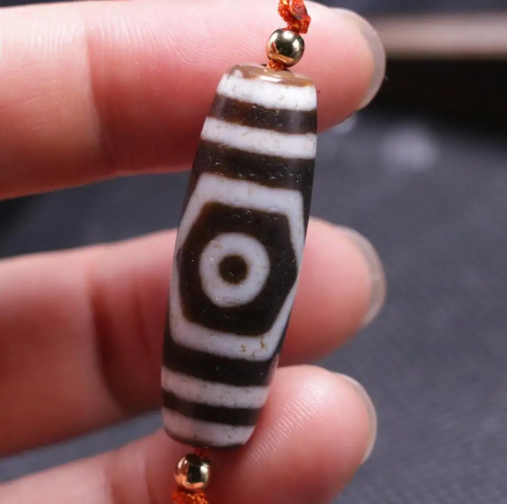 

Treasure Magic Power Magic LKbrother Energy Tibetan Old Agate 3 EYE WISDOM WEALTH Totem dZi Bead 39*12.5