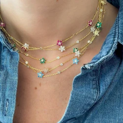 Spring New Arrived Colorful CZ Stone Flower Charm Station Chain Gold Multi Color Necklace For Women