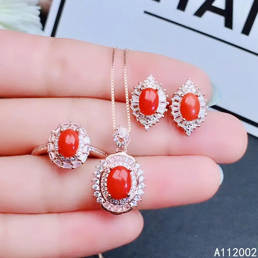 

KJJEAXCMY fine jewelry natural red coral 925 sterling silver new women pendant earrings ring set support test luxury noble