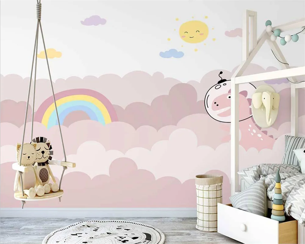 

beibehang Custom modern nordic hand-painted pink clouds rainbow little dinosaur children background wallpaper papier peint