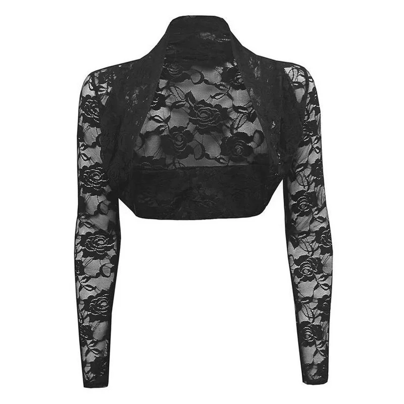 2023 Solid Long Sleeve Floral Lace Shrug Bolero Cardigan Casacos Slim Cropped Tops Ladies Black Jacket Spring Coat Women Clothes