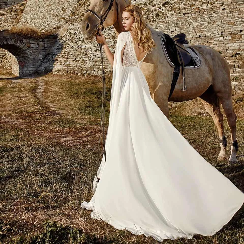 Vestido De Novia largo De gasa con cuello en V para mujer, con capa traje De Novia, línea A, encaje Civil, Espalda descubierta, tren De barrido, 2024