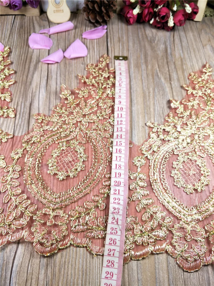 1Yard Hot Sale Red Mesh Lace Trim Luxury Embroidery Light Gold Lace Fabric for Wedding Dresses 27cm